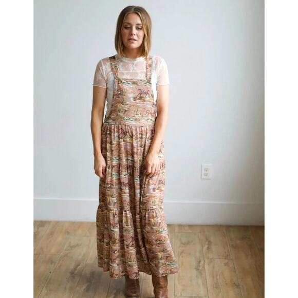 Turquoise Haven Taupe Cowboy Print Overall Ruffle Boho Maxi Dress NEW 🤎✨ - Picture 1 of 10
